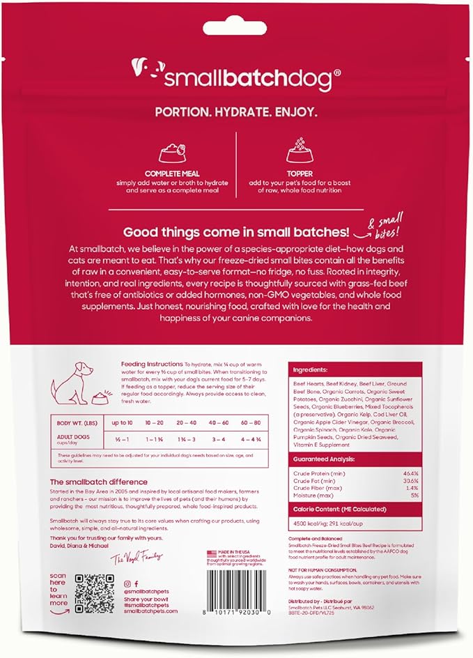 smallbatch Pets Freeze-Dried Raw Dog Food – Beef Recipe – 20oz Small Bites – Grain Free, High Protein, Complete Meal or Topper – Made in USA with Organic Produce & Humanely Raised (20 Oz, Beef)