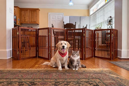 Urnporium Pet Dog Gate Freestanding, Strong Durable Folding Wooden Fence, Portable Acacia Hardwood Safety Barrier for Indoor & Outdoor Use (Brown Pet Gate, 8 Panel 30" Tall)