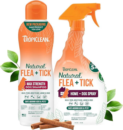 TropiClean Natural Flea & Tick Max Strength Shampoo & Bedding Spray Bundle, Dog Shampoo, Flea & Tick Treatment Protects & Repels - Made in USA