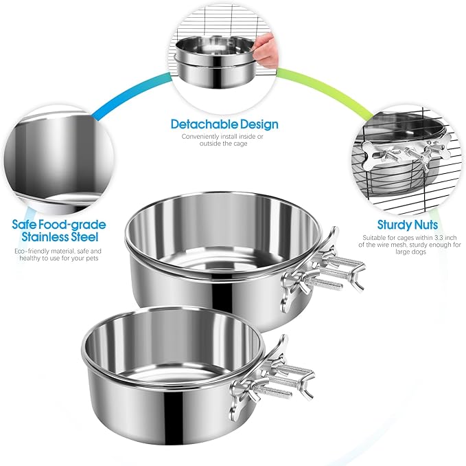 2 Pcs Medium Dog Food Water Bowl for Cage with Upgraded Clamp Holder, Pet Kennel Hanging Bowls Stainless Steel Non-Spill Detectable Bowls Crate Feeder for Medium Dogs (6.3x2.3'' & 5.5x2'')