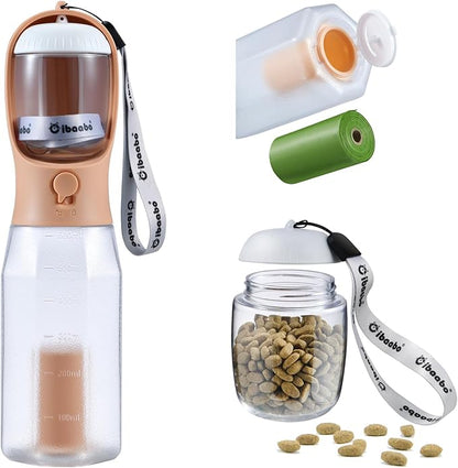 Cibaabo Dog Water Bottle with Food Container & Poop Bag Holder, Travel Water Bowl, Portable Pet Dispenser, Dog Gifts Stuff Accessories Items, Puppy Essentials for Yorkie Chihuahua Walking Hiking