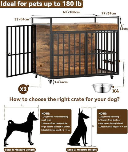 2PCS 43 Inch Dog Crate Furniture, Heavy Duty Dog Kennel with 3 Doors, 2 Adjustable Bowls and Lockable Wheels, Wooden Dog House for Large Dogs, End Table Dog Cage, Rustic Brown