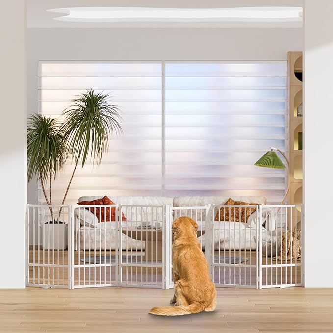 SNUOWU Full Metal Freestanding Dog Gate with Door, 32''Height Foldable Pet Dog Fence for Indoor & Outdoor, 6 Panels Extra Wide Free Standing TallDog Gates for Doorways,House,Stairs,Porch,Deck,Yard