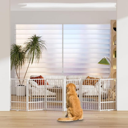 SNUOWU Full Metal Freestanding Dog Gate with Door, 32''Height Foldable Pet Dog Fence for Indoor & Outdoor, 6 Panels Extra Wide Free Standing TallDog Gates for Doorways,House,Stairs,Porch,Deck,Yard