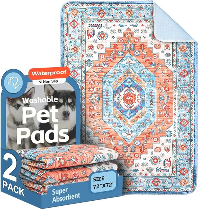 Washable Pee Pads for Dogs 2 Pack Reusable Puppy Training Pads 72"x72" Super Absorbent Waterproof Dog Training Pads, Non-Slip Potty Pads Whelping Pads Litter Mat Pet Supplies - Orange/Mix