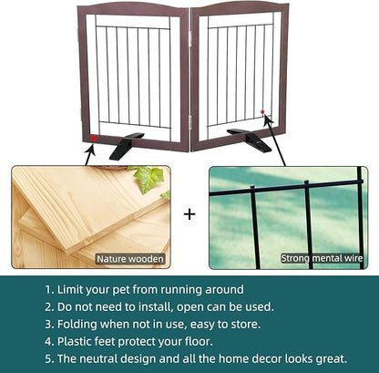 ZJSF Freestanding Dog Fence Indoor, Foldable Dog Gate for Doorways, Stairs or Hallways, Sturdy Wood Extra Wide Pet Gate with Support Feet for The House, Brown, 24 "Height-2 Panels