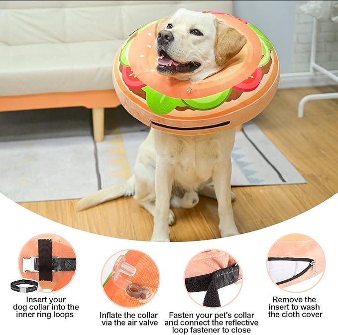 BEAUTYZOO Dog Cone Alternative After Surgery for Large Medium Small Dogs, Soft Inflatable Cone Collar for Dogs Cats, Dog Neck Donut E Collar Pet Recovery Collars to Stop Licking, Brown Burger, M
