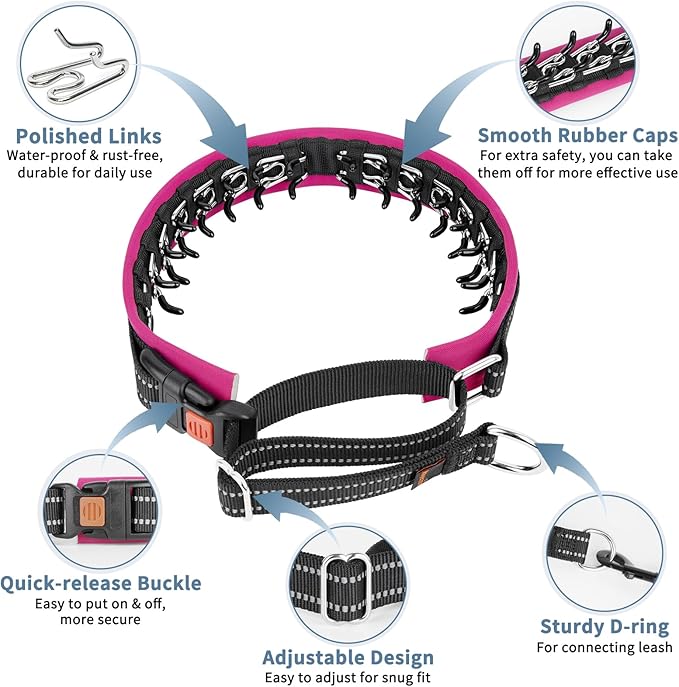 Mayerzon Martingale No Pull Collar for Medium Large Dogs, Patented Anti Pull Dog Collar with Buckle for Walking Training, with Neoprene Padding and Reflective Stitching, Adjustable(Hot Pink Trim, L)