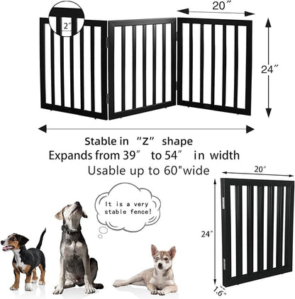 ZJSF Freestanding Indoor Dog Gate for House Foldable Wood Black Puppy Gate for Doorways Pet Gate for Stairs Extra Wide Pet Fence 24" Height 3 Panels