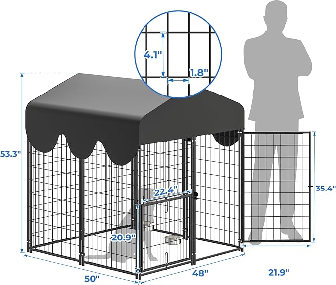 4x4x4.5ft Outdoor Dog Kennel, Metal Heavy Duty Dog Run with Rotating Door & 2 Adjustable Bowls, Dog Kennel Outside with Waterproof Cover, Pet Enclosure Indoor for Small/Medium/Large Dogs