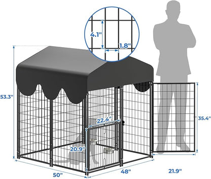 4x4x4.5ft Outdoor Dog Kennel, Metal Heavy Duty Dog Run with Rotating Door & 2 Adjustable Bowls, Dog Kennel Outside with Waterproof Cover, Pet Enclosure Indoor for Small/Medium/Large Dogs