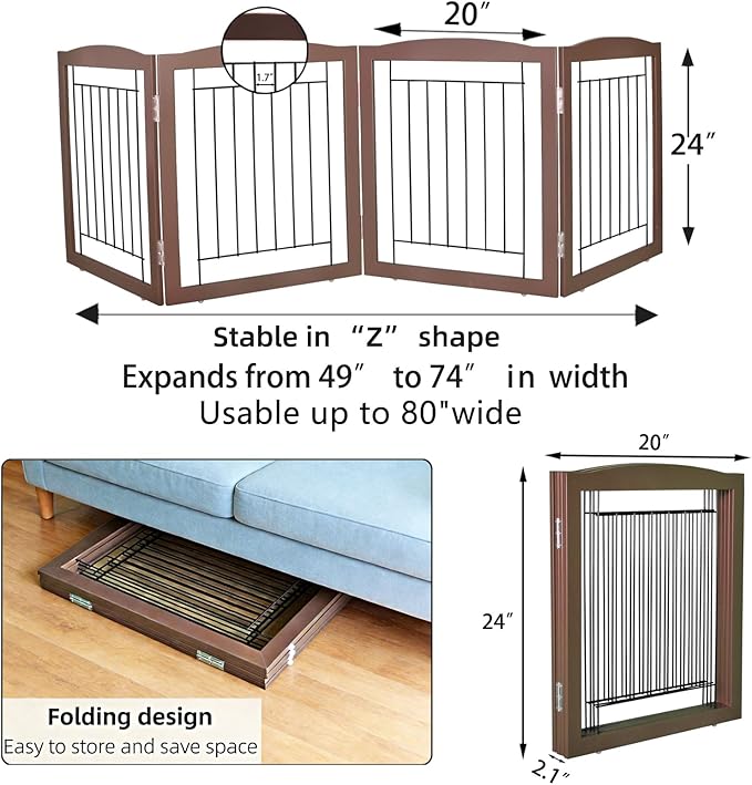 ZJSF Freestanding Foldable Dog Gate for House Extra Wide Wooden Brown Puppy Gate Stairs Dog Gates Doorways Tall Pet Gate 24 "Height 4 Panels Pet Fence
