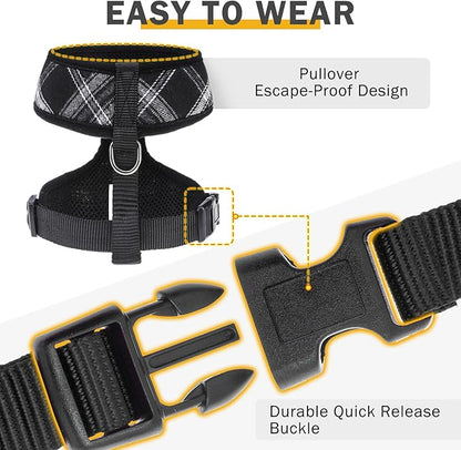 SCENEREAL No Pull Dog Harness Collar and Leash Set Small Medium Sized Dog, Soft Mesh Puppy Harnesses, No Chock Plaid Adjustable Pet Vest for Outdoor Walking Training and Running, Black M