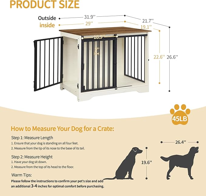 Hzuaneri 31.9" Dog Crate Furniture with Barn Door, Heavy Duty Dog Kennel Indoor with 2 Doors, Wooden Pet Cage End Table for Small Medium Dogs up to 44 lb, Anti-Chew Anti-Escape, White Brown DFC83614B