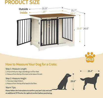 Hzuaneri 31.9" Dog Crate Furniture with Barn Door, Heavy Duty Dog Kennel Indoor with 2 Doors, Wooden Pet Cage End Table for Small Medium Dogs up to 44 lb, Anti-Chew Anti-Escape, White Brown DFC83614B