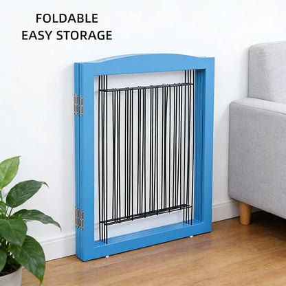 ZJSF Freestanding Dog Fence Indoor, Foldable Dog Gate for Doorways, Stairs or Hallways, Sturdy Wood Extra Wide Pet Gate with Support Feet for The House, Blue, 32 "Height-4 Panels