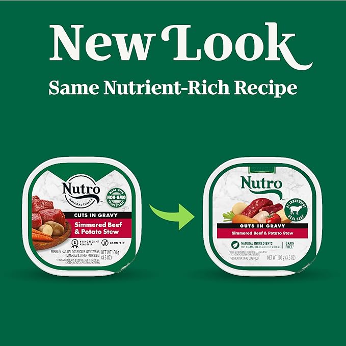 Nutro Adult Wet Dog Food, Natural Grain Free Dog Food Wet Cuts in Gravy Simmered Beef & Potato Stew Recipe, 3.5 oz. Trays (Pack of 24)