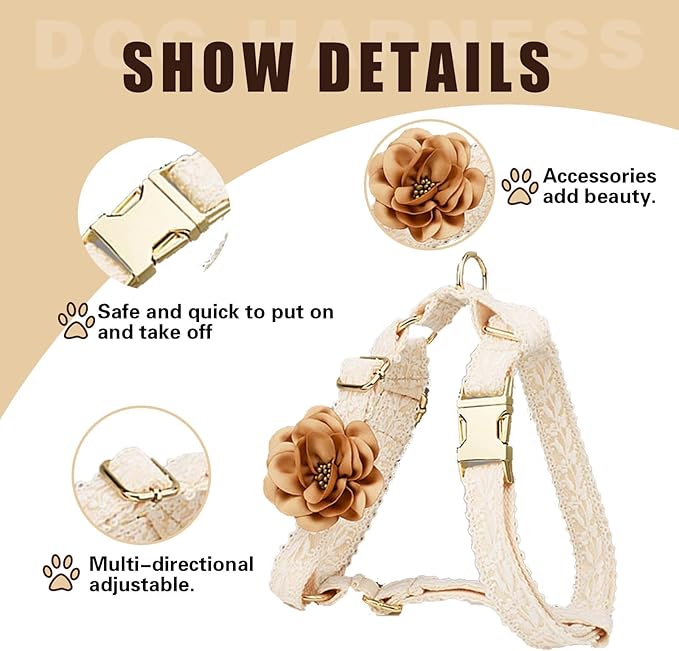 White Dog Harness and Leash Set Adjustable Lace Harness for Girl Dogs Luxury Dog Harness No Pull with Handle & Bow Flowers for Easy Dog Walking,S