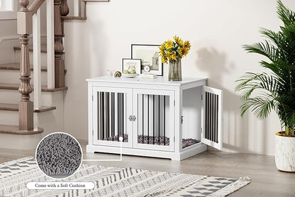 PUPETPO Furniture Style Dog Crate with Cushion, Dog Kennel Medium, Pet Crates, Dog Cage for Small and Medium Dogs, Decorative Dog Kennel with Flip-top Plate, Chew-Proof Metal Bars, White