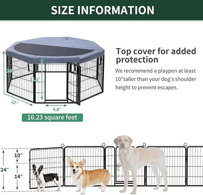 PETIME Dog Playpen,Metal Exercise Puppy Pen Heavy Duty Kennels Yard Fence Indoor/Outdoor 22" W x 24" H 8 Panels Dog Cage with Octagon Top Cover