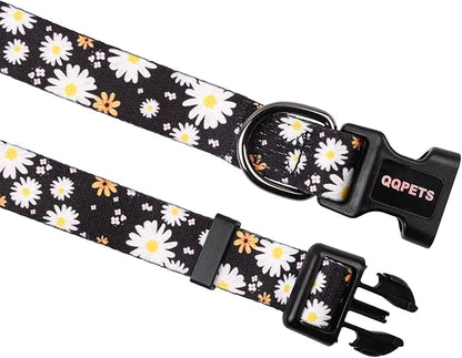 QQPETS Adjustable Soft Dog Collar: Print Flower Pink Multicolor Cute Patterns for XS Small Medium Large Pet Girl Boy Puppy Walking Running Training (XS, White Daisy)