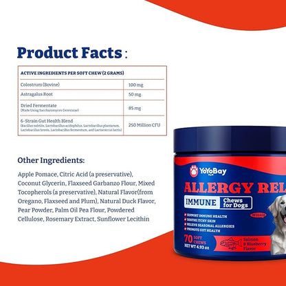 Dog Allergy Relief Chews – 70 Soft Chews, Salmon & Blueberry Flavor - Immune Support & Itch Relief with Colostrum, Astragalus Root, 6-Strain Gut Health Blend