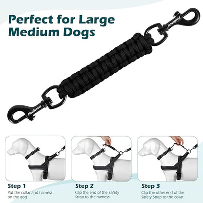 PetBonus Dog Collar Safety Clip, Handmade Backup Safety Strap for Dog Harness, Prong, Pinch Collar, Double Ended Clasp Leash Connector (Black)