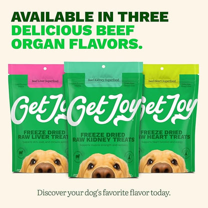 Get Joy Freeze Dried Dog Treat, 100% Beef Kidney, 4 Ounce Bag (Pack of 3), Single Ingredient Organ Meat, High Protein, Immune Health, Muscle Repair, Grain Free, Gluten Free, Made in USA