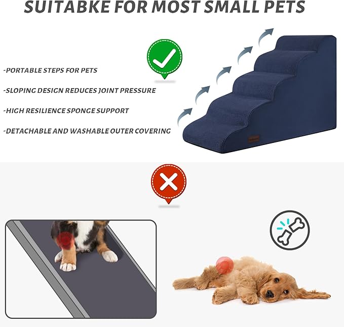 Aodisman 5-Step Dog Stairs and Ramp for High Bed, Non-Slip Sturdy Pet Steps for Small Dogs and Cats,22.2" H,Blue