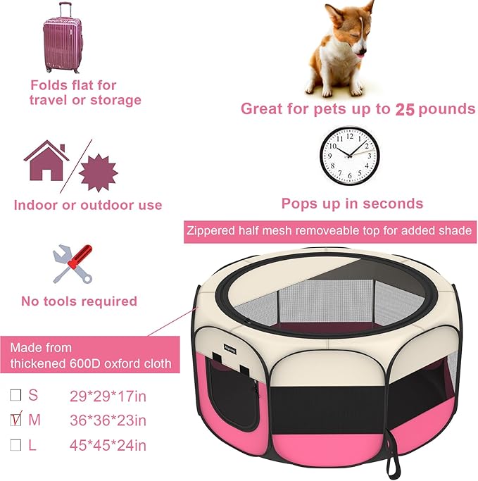 Portable Pet Puppy Dog Cat Playpen, 8-Panel Indoor/Outdoor Puppy Pen with Shade Cover & Travel Bag - Waterproof Dog Cat Tent