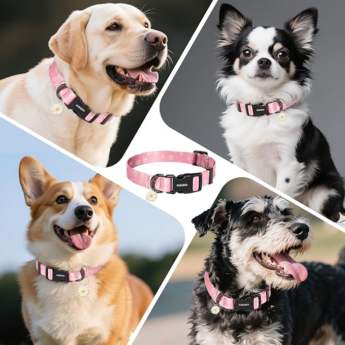 Kazazoo Dog Collar Cute and Soft Nylon Puppy Collar Girl, Adjustable Dog Collars for Small Medium Dogs, Pink Daisy-M