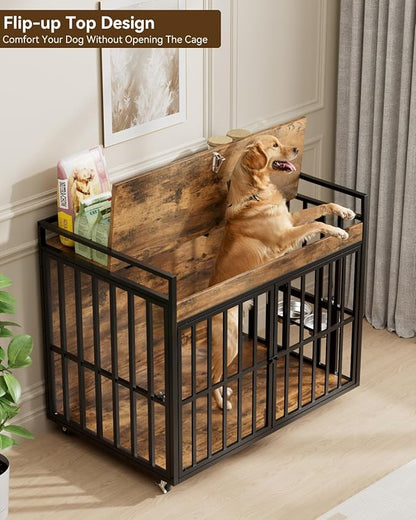 2PCS 43 Inch Dog Crate Furniture, Heavy Duty Dog Kennel with 3 Doors, 2 Adjustable Bowls and Lockable Wheels, Wooden Dog House for Large Dogs, End Table Dog Cage, Rustic Brown