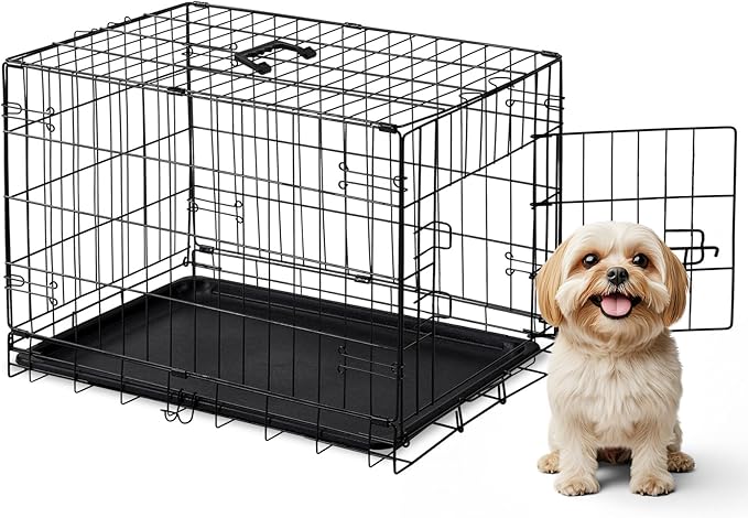 DUMOS Dog Crate, 30 Inch Medium Size Single Door Dog Cage with Plastic Leak-Proof Pan Tray, Folding Small Metal Wire Pet Kennel for Indoor, Outdoor, Travel