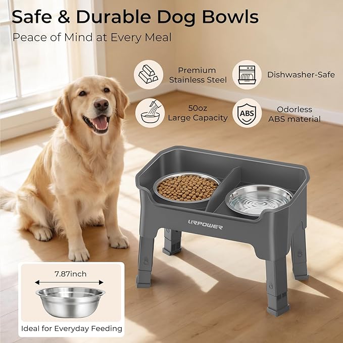 URPOWER Mess Proof Elevated Dog Bowls, High Wall Splash Guard Design, 4 Height Adjustable Raised Bowl Stand, 2 Stainless Steel Bowls, Non-Slip Food Water Set for Small Medium Large Dogs
