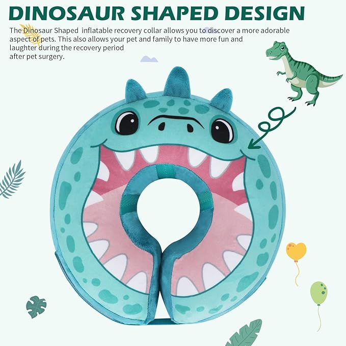 IEUUMLER Inflatable Recovery Dog Collar, Protective Donut Cone, Adjustable Soft Collar for Dog and Cat After Surgery Prevent from Biting & Scratching EU002 - Teal Dinosaur M+