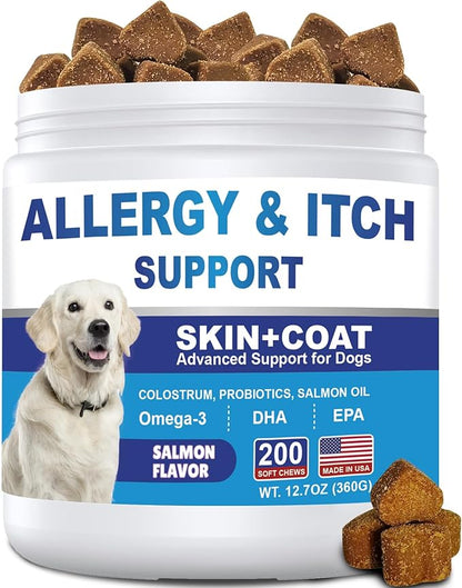 Dog Allergy Chews 200ct, Dog Allergy and Itching Skin Relief Bites Anti-Itch Skin & Coat Supplement Immune Support with Colostrum for Itchy Skin and Itchy Ears Licking Paws for Dogs Seasonal Allergies