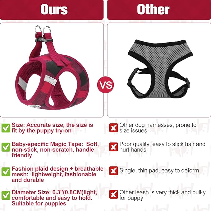 BEAUTYZOO Small Dog Harness and Leash Set,Step in No Choke No Pull Soft Mesh Dog Harnesses Reflective for Extra-Small/Small Medium Puppy Dogs and Cats, Plaid Dog Vest Harness for XS S Pets, Red, XXS