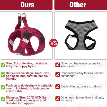 BEAUTYZOO Small Dog Harness and Leash Set,Step in No Choke No Pull Soft Mesh Dog Harnesses Reflective for Extra-Small Medium Puppy Dogs and Cats, Plaid Dog Vest Harness for XS S Pets, Red, XS