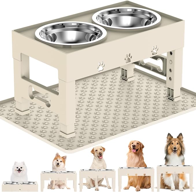 LAKIPETN Elevated Dog Bowls with Mat, Raised Dog Food Bowl Stand with 2 Stainless Steel Bowls, 5 Height Adjustable (3.1", 9", 10", 11", 12") Non-Slip Feeder Set for Medium and Large Dogs – Apricot