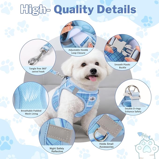 Gyuzh No Pull Dog Harness - 3-in-1 Step in Harness Collar Leash Set for Small Dog Walking & Training, Easy Walk Style, Lightweight Plaid Vest (Blue, M)