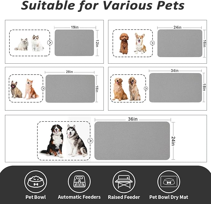 HotLive Dog Food Mat - Absorbent Cat Mat for Food and Water, No Stains Pet Feeding Bowl Mat, Easy to Clean Pet Placemats, Quick Dry Dog Water Dispenser Mat for Messy Drinkers | Grey 18"x 28"