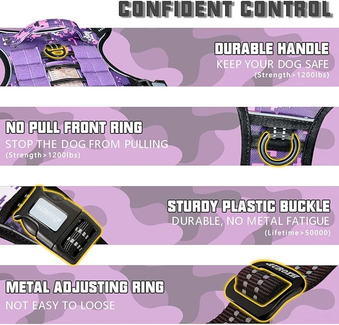 AUROTH Tactical Dog Harness for Small Medium Large Dogs No Pull Adjustable Pet Harness Reflective K9 Working Training Easy Control Pet Vest Military Service Dog Harnesses (XL, Purple Camo)
