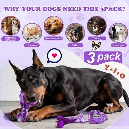 3Pack Dog Chew Toys for Aggressive Chewers, Indestructible Interactive Dog Chew Nylon Bone Toys for for Medium Large Breed 15-60lbs, Teething Toy to Keep Them Busy, Bacon Flavor (Purple)