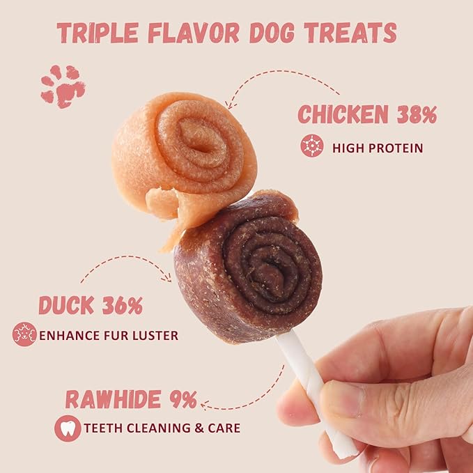 Pawmate Triple Flavor Dog Treats Chicken Duck Rawhide Lollipops, Long Lasting Rawhide Sticks Dog Chews in Fun Shape, High Protein Healthy Chewy Training Snacks for Medium Large Dogs, 4 Counts, 10.6 oz