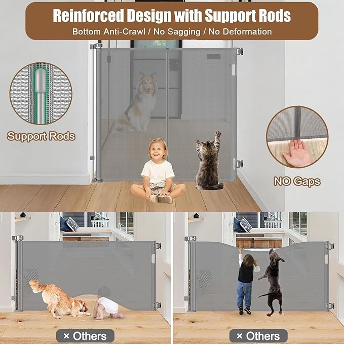 Reinforced 55" Extra Tall Dog Gates Indoor Cat Gate for Hallway - Prevents Jumping & Crawling Through, 55" Wide Retractable Gate, Mesh Pet Gates for Doorways Extra Tall Baby Gate for Cats, Gray