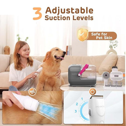 HEAPETS Dog Grooming Vacuum Kit - 3L Vacuum with 7 Tools, Low Noise Electric Clipper and Brush for Pet Shedding at Home, Gray