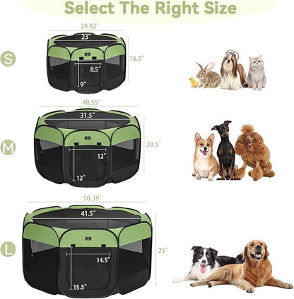 Dog Playpen for Small Dogs & Puppies, 40.55" Portable Indoor Outdoor Puppy Playpen with Bowl, Waterproof Floor, Foldable Pop-Up Pet Pen for Home, Travel & Daily Use, Green+Black