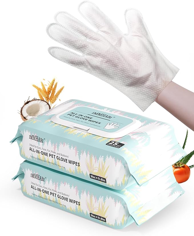 IMMHABI 50 Pcs Cleaning Deodorizing Pet Glove Wipes for Dogs & Cats, Hypoallergenic Dog Bath Wipes with Natural Deodorizer Persimmon Tannin, Pet Bathing Wipes for Horse Coat Care Unscented