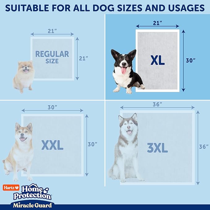 Hartz Miracle Guard Dog and Puppy Dog Pads Max Absorbency 24 Hour Use Odor Eliminating No Leaks, X-Large Size 30 Count