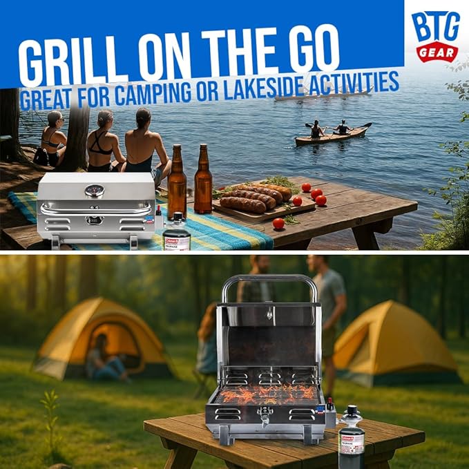 Tailwaves Marine Boat Grill w/Rod Holder Mount | Stainless Steel | Propane Boats & Tailgating & Camping | Built in Thermometer | Portable | Fold-away legs